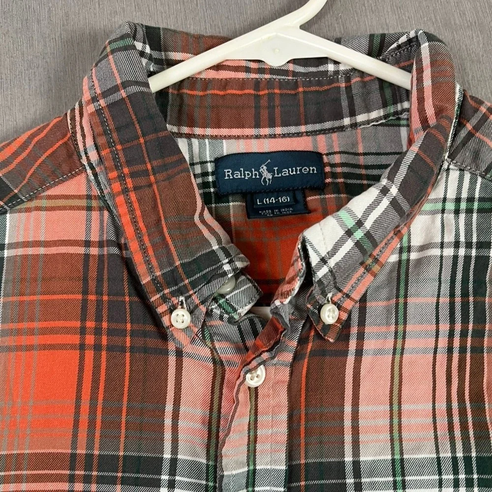 Ralph Lauren Button-Down Boys L 14-16 Plaid Orange Black White EUC